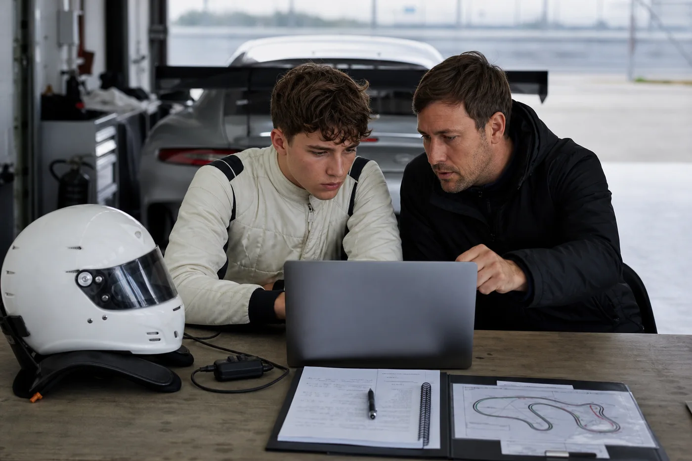 Driver and coach during a data and video debrief