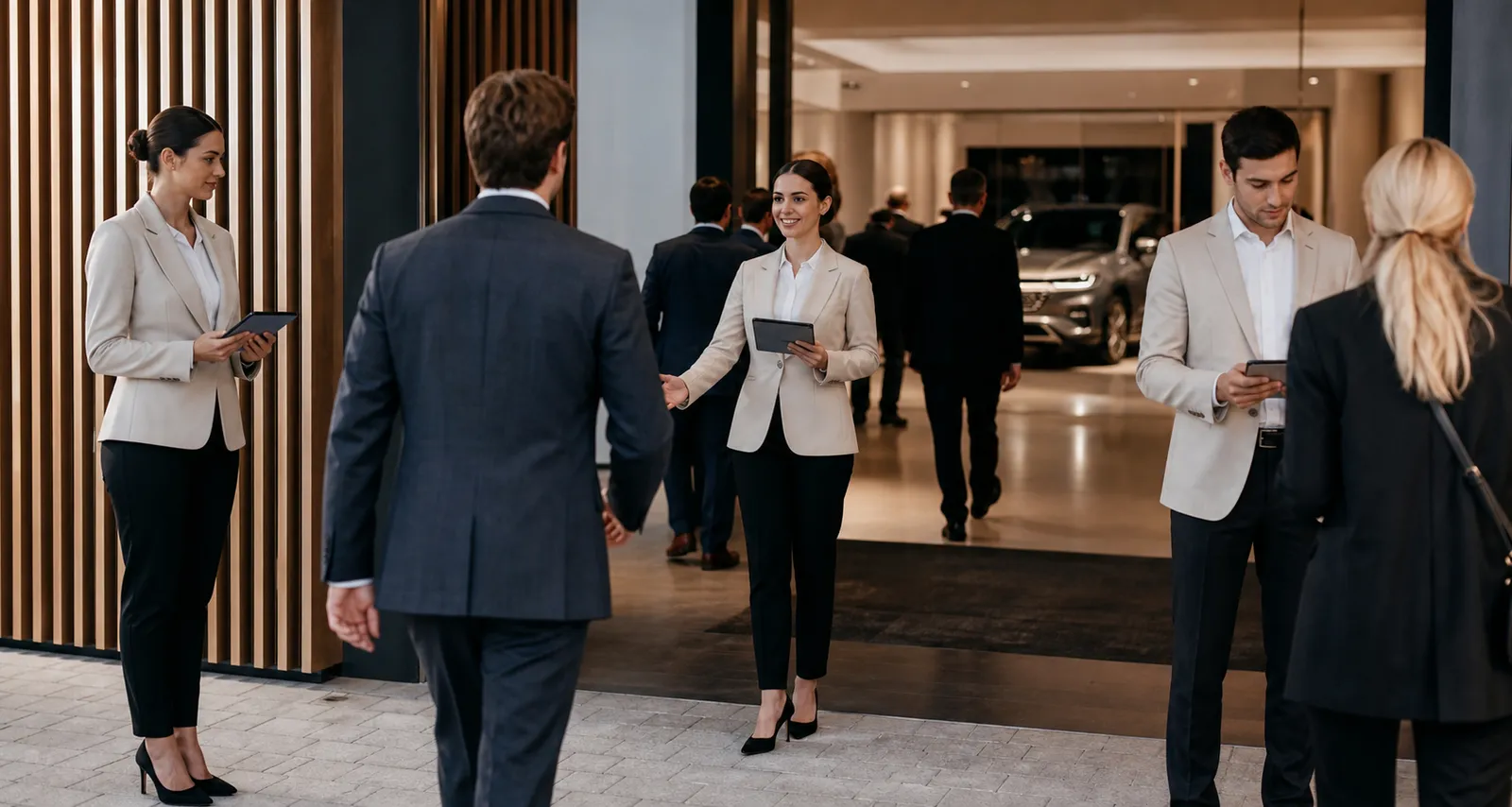 Hostess e steward gestiscono l’accoglienza di un evento automotive