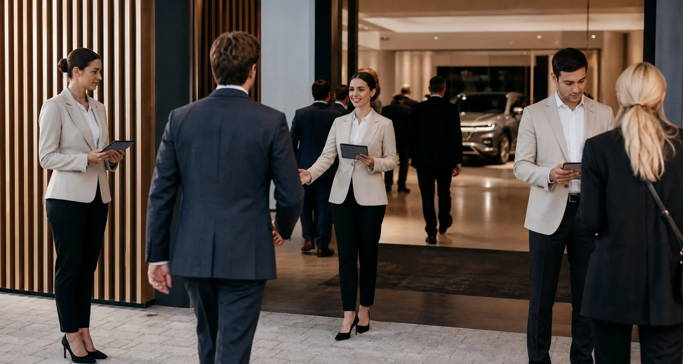 Hostess e steward gestiscono l’accoglienza di un evento automotive