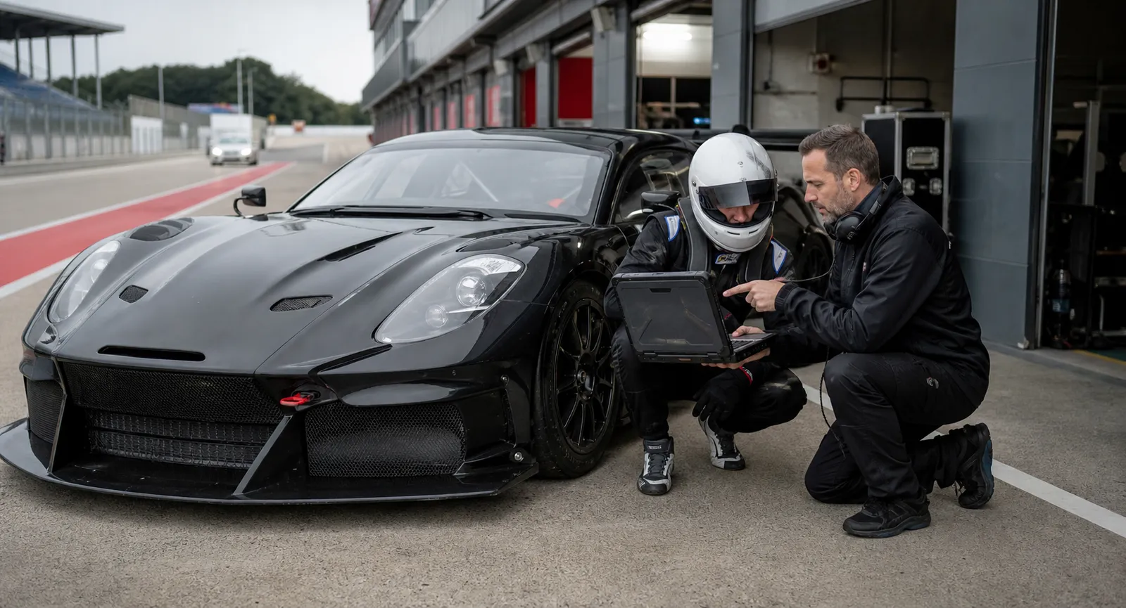 Pilota e coach analizzano i dati tra due sessioni con una vettura GT