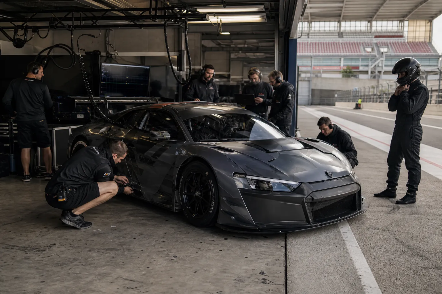 Team tecnico prepara una vettura GT tra due sessioni