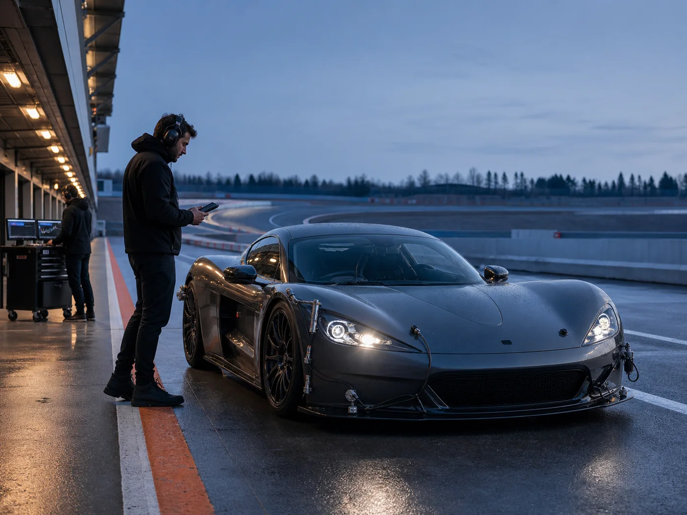 Prototipo strumentato e team tecnico durante una sessione di validazione in pista