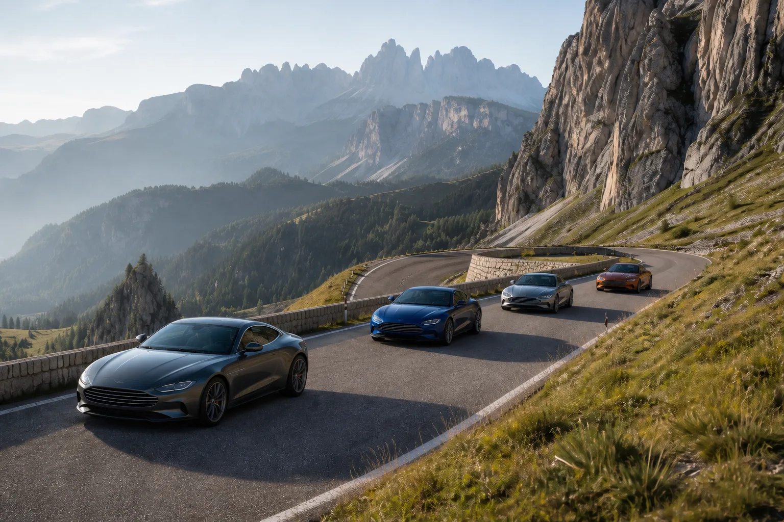 Convoglio di vetture durante un luxury road tour sulle Dolomiti