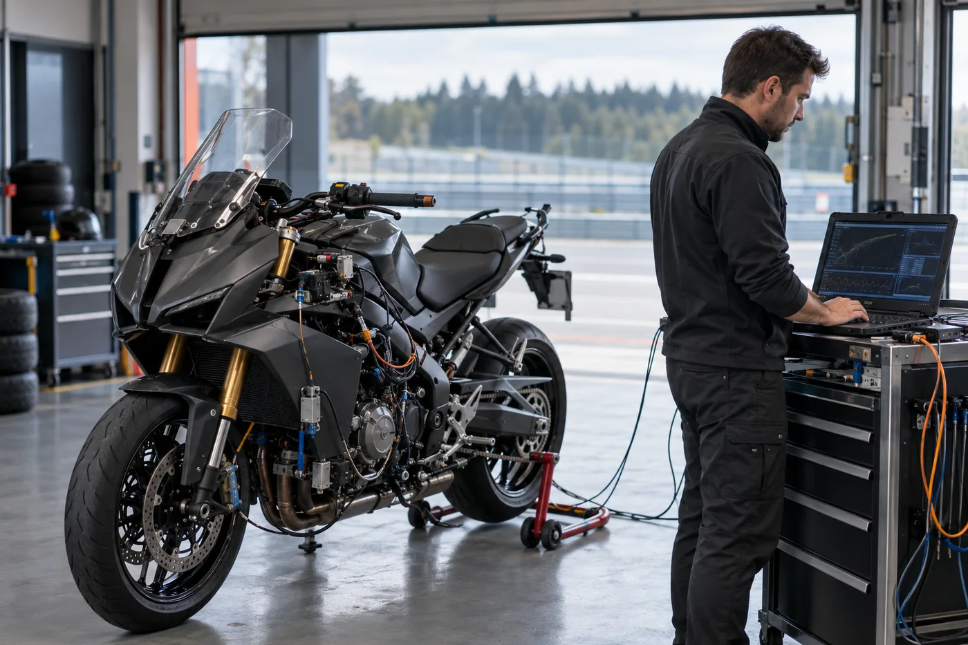 Tecnico analizza i dati acquisiti da un motociclo strumentato