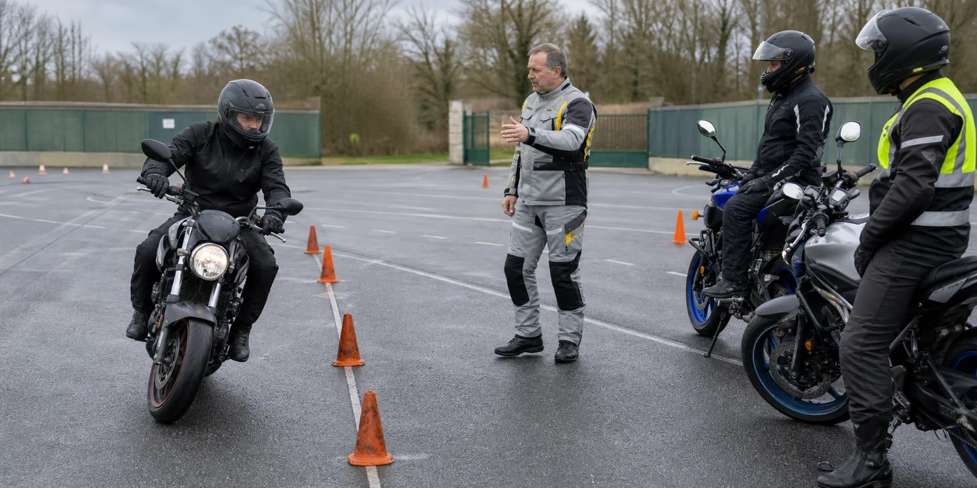 Istruttore durante un esercizio di guida sicura moto