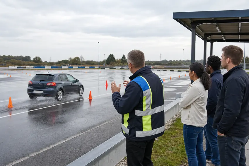 Corso di guida sicura su piazzale bagnato