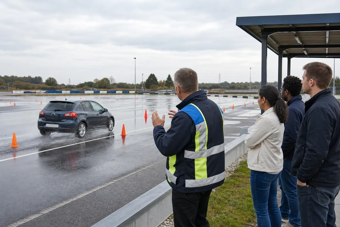 Corso di guida sicura su piazzale bagnato