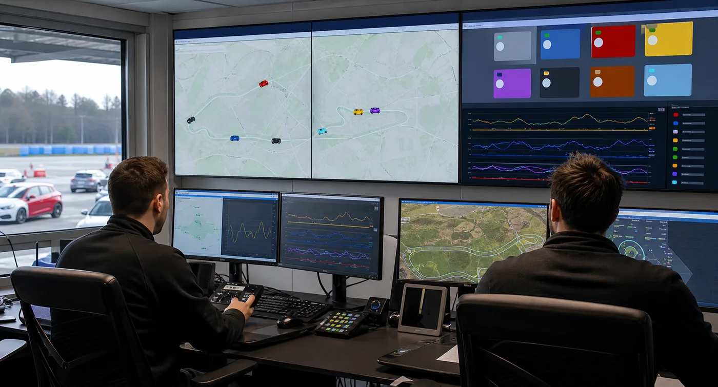 Control room con mappa, stato flotta e segnali telemetrici live