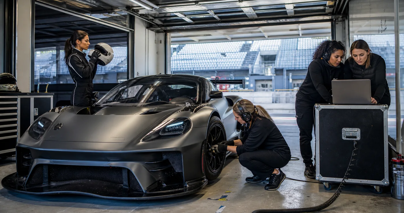 Driver, technicians and engineers working on a women-led motorsport programme